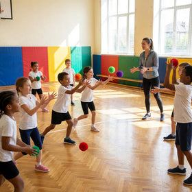 FLYIO yellow fleece balls keep kids engaged during rainy day recess.
