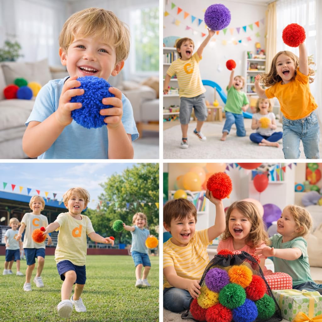 FLYIO soft fleece balls in action during indoor play sessions.