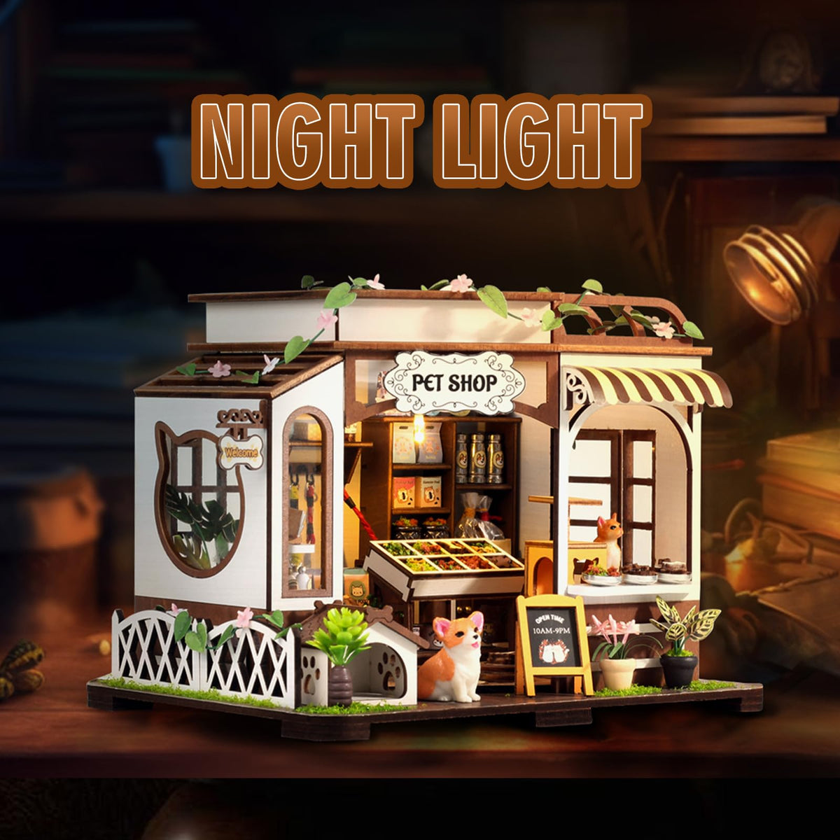 Flynova pet shop dollhouse interior with tiny foods and toys.