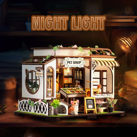 Flynova pet shop dollhouse interior with tiny foods and toys.