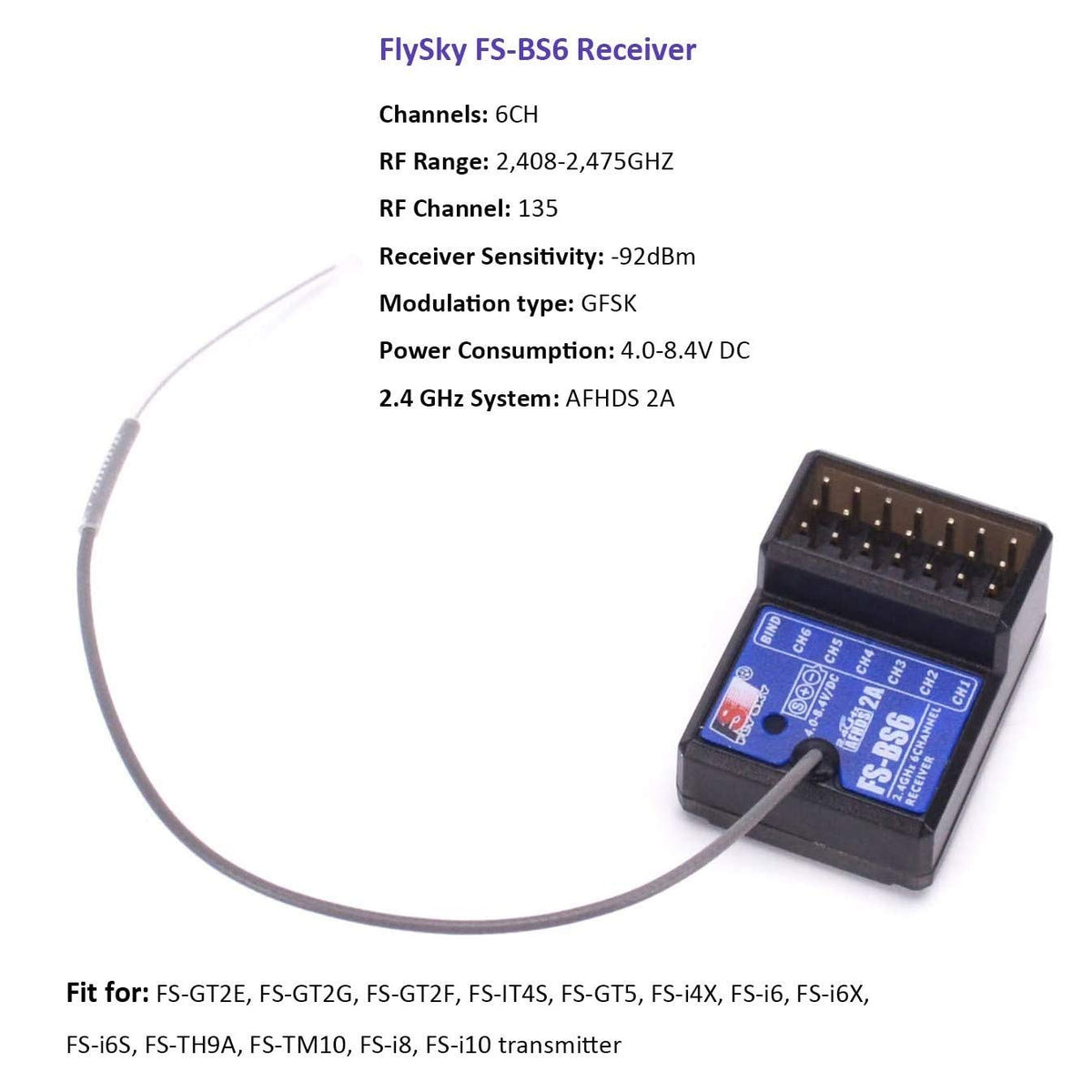FlySky FS-BS6 packaging content with two receivers and cables for setup