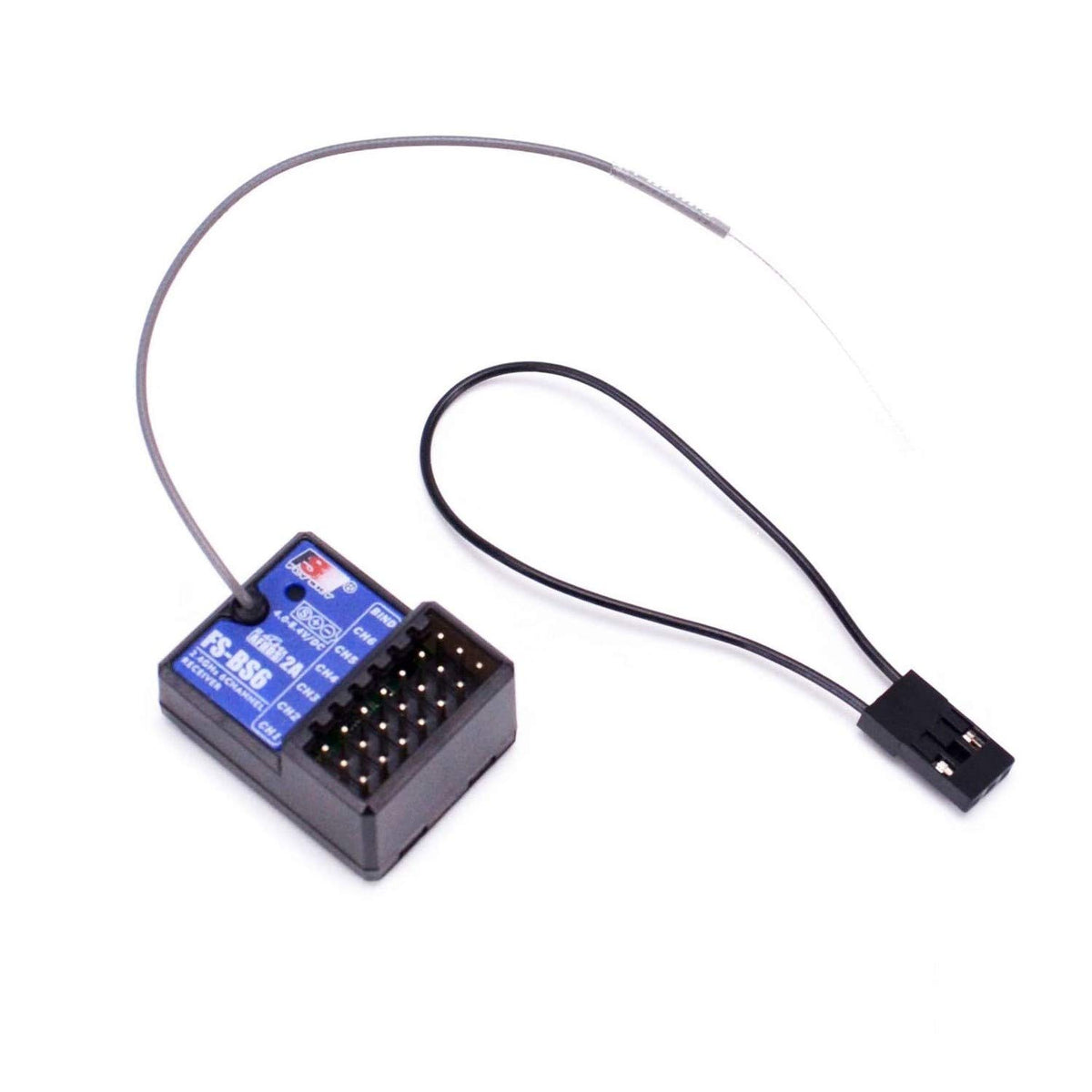 FlySky FS-BS6 receiver front view showing compact design for easy integration