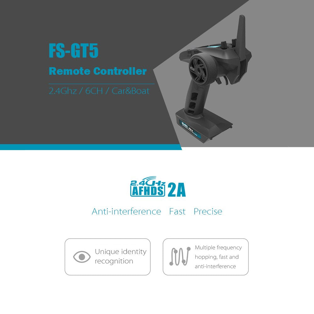 Flysky FS-GT5 transmitter side view highlighting compact design