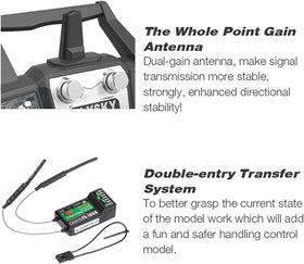 Flysky FS-i6X display shows telemetry and flight data at a glance.