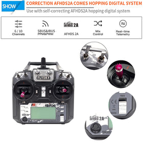FLYSKY FS-i6X LCD display shows channel, mode, and battery status clearly.