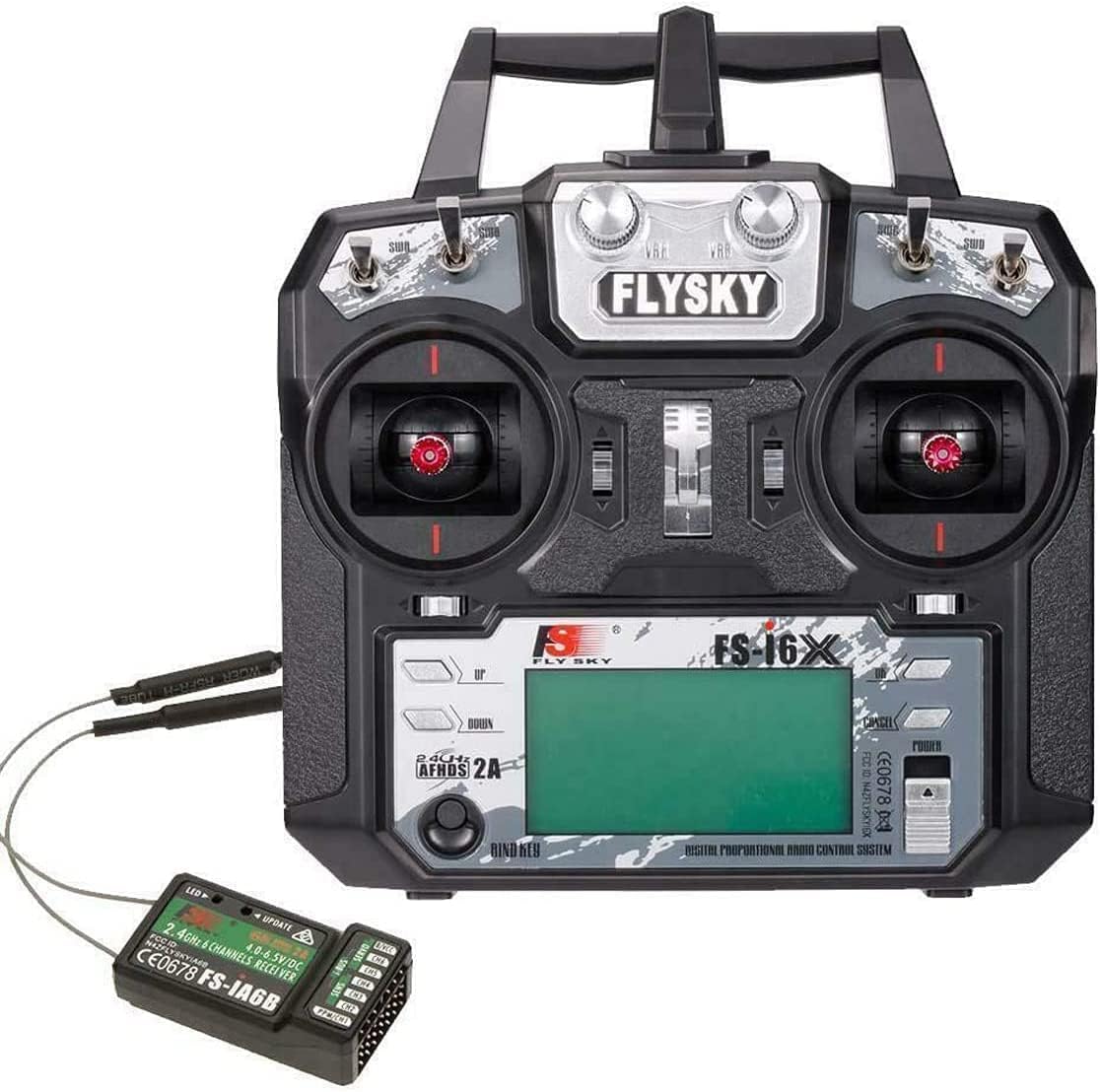 Flysky FS-i6X transmitter front view for reliable control and quick access to sticks.