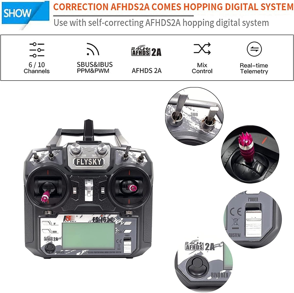 Flysky FS-i6X in-hand use demonstrates precise thumb control during flight.