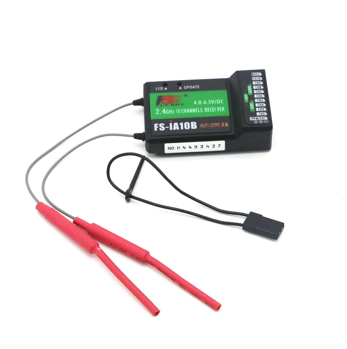 FLYSKY FS-iA10B receiver product shot shows compact 10-channel design for versatile RC setups.