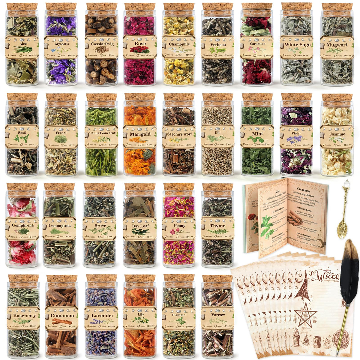 FlyweightZ Witchcraft Kit with 30 labeled herb jars for rituals.