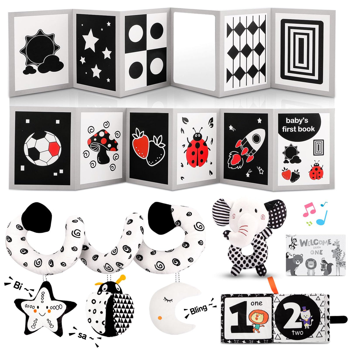 Flyxingxia high contrast book with mirror boosts visual focus for newborns