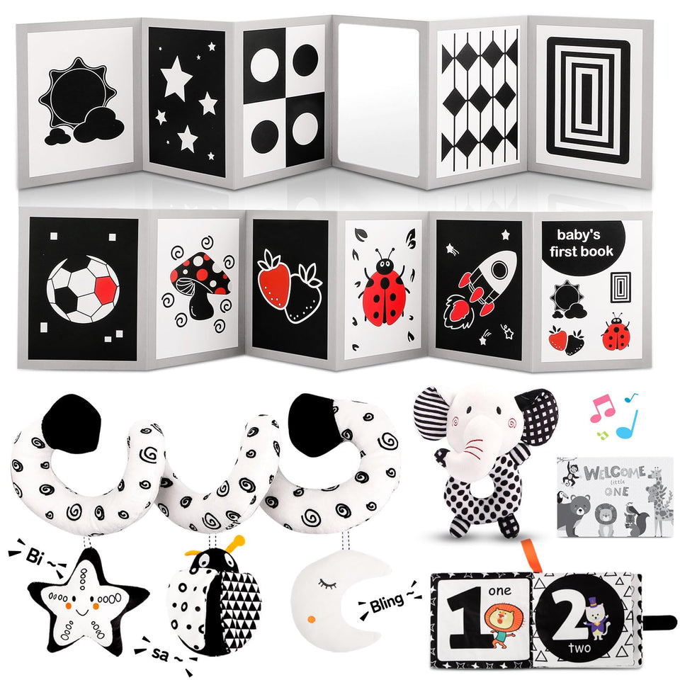 Flyxingxia high contrast book with mirror boosts visual focus for newborns