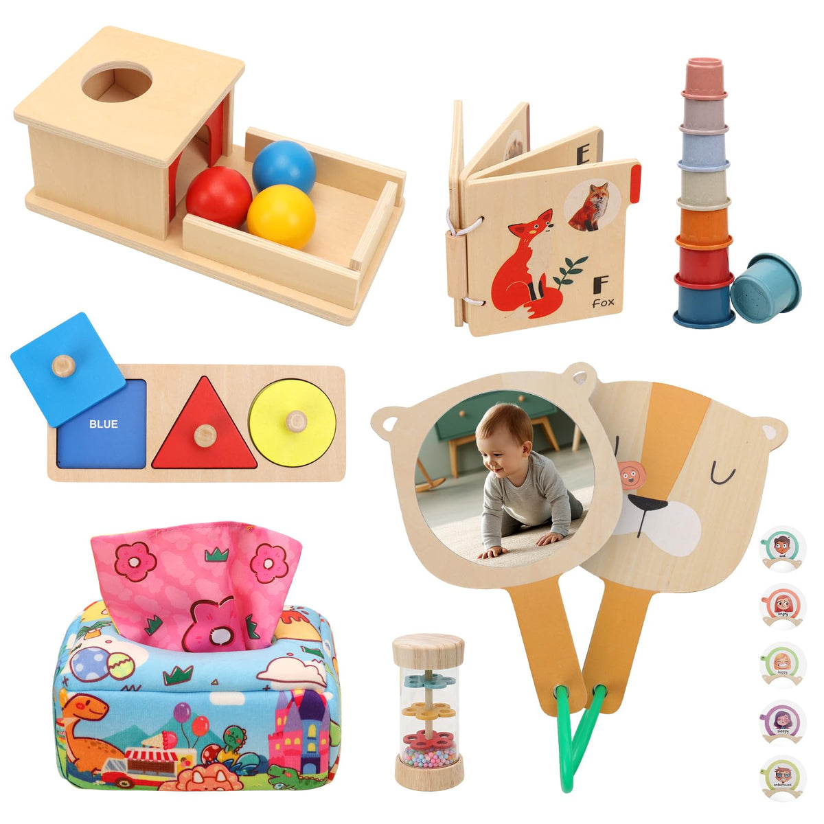 Flyxingxia montessori sensory toy set image showing 7-in-1 exploration for early motor skills.