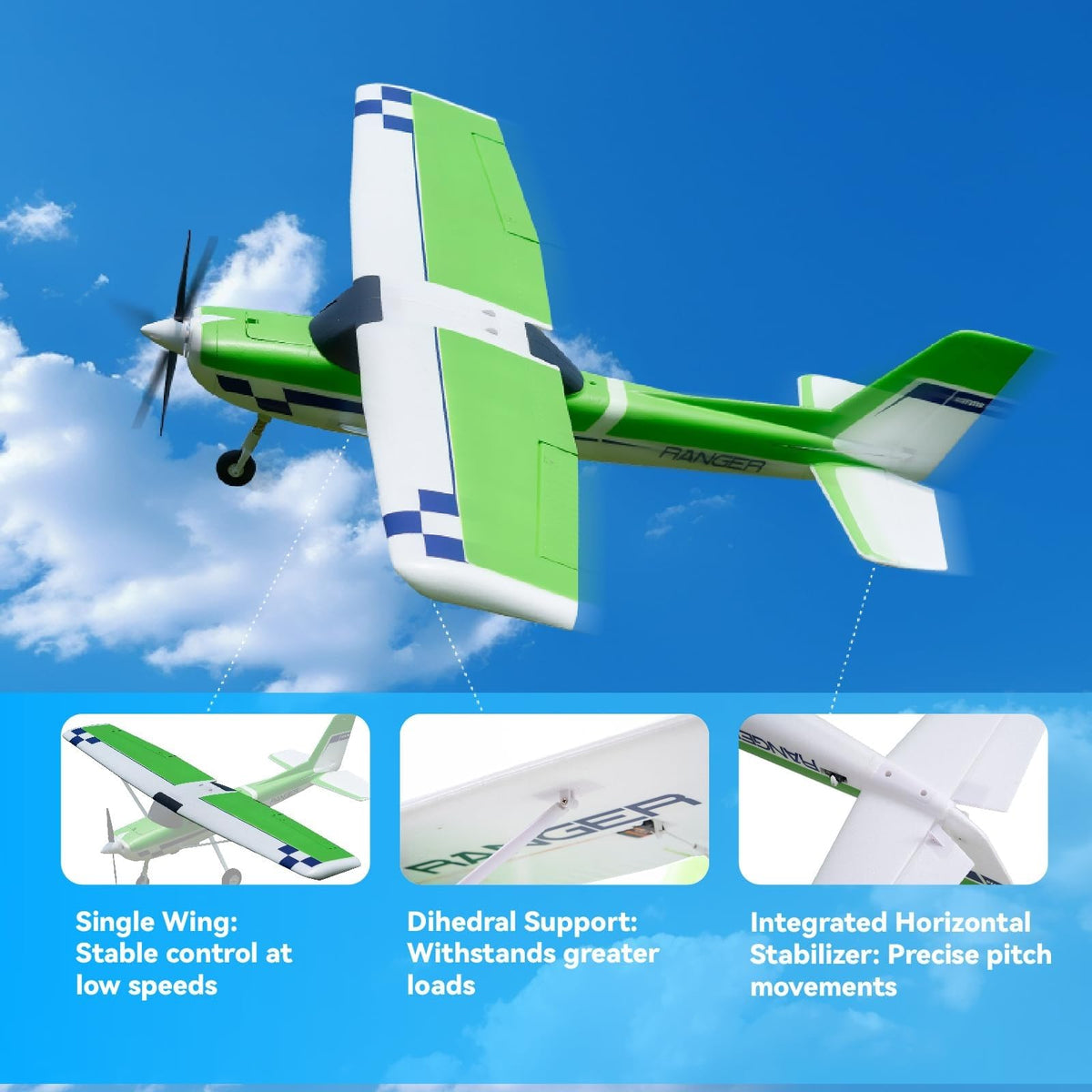 FMS Ranger Reflex V3 spring-landing-gear cushions impact on takeoffs and landings.
