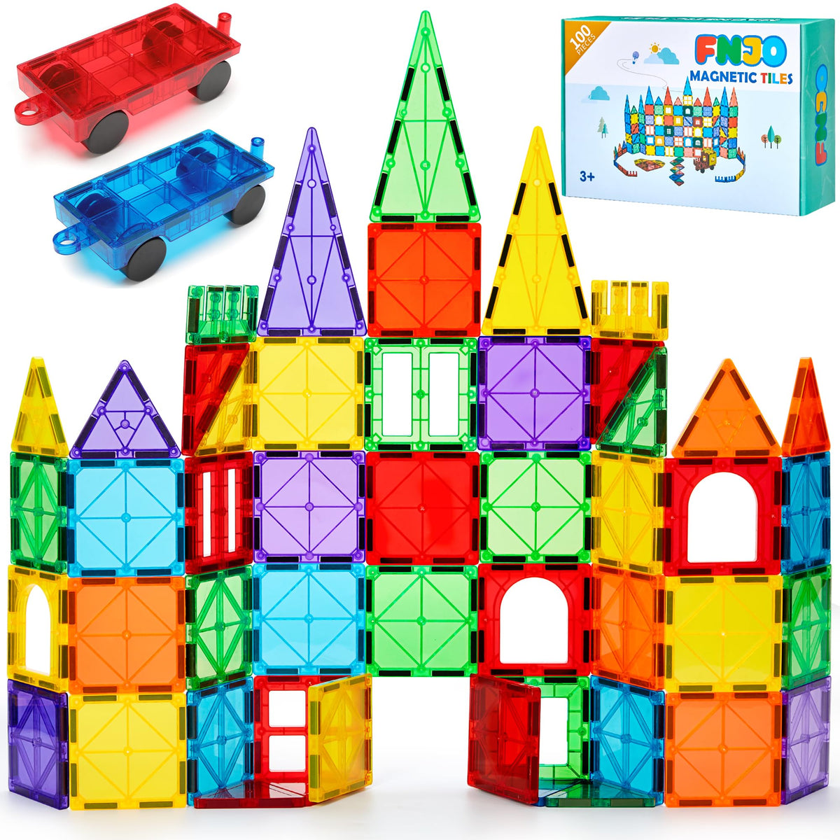 FNJO Magnetic Tiles 100pcs box for imaginative STEM building adventures.