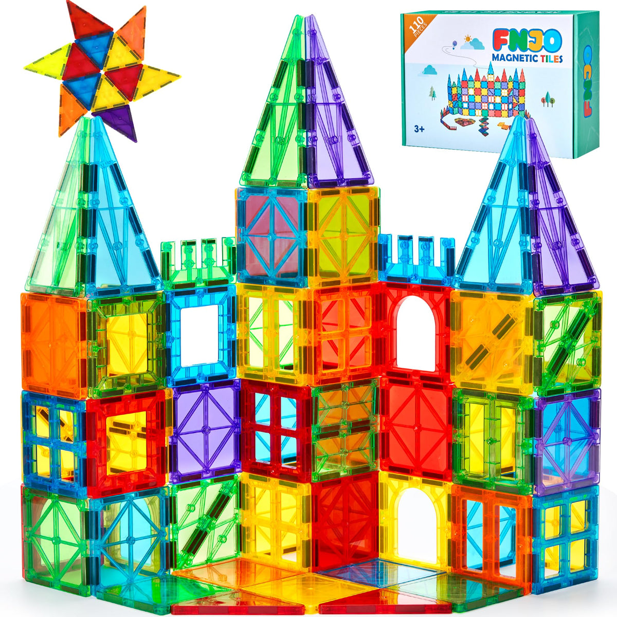 FNJO magnetic tiles 110pcs castle assembly demonstrates creative construction and problem-solving