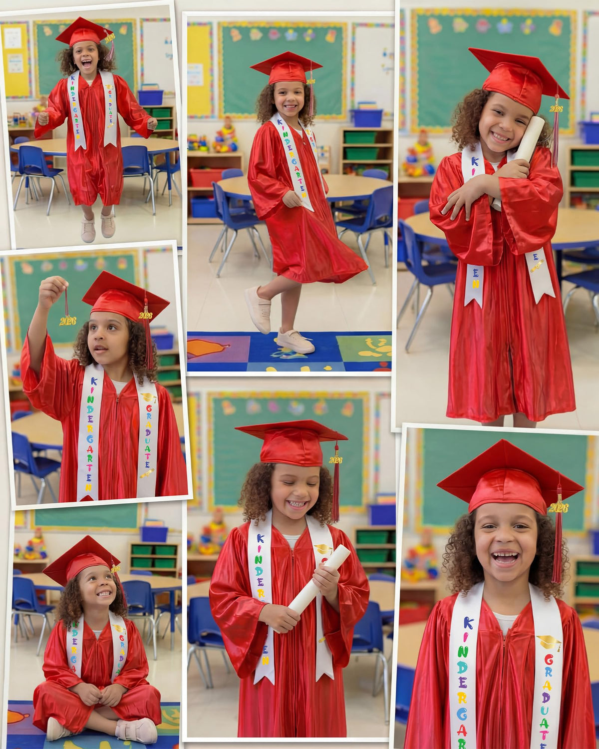 Child wearing Foaincore 5-piece graduation set during a pretend ceremony.