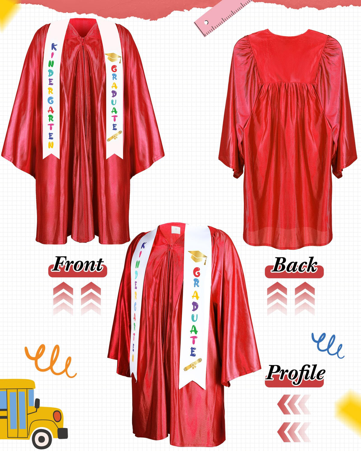Foaincore satin stole with kindergarten graduate print for a festive ceremony look.