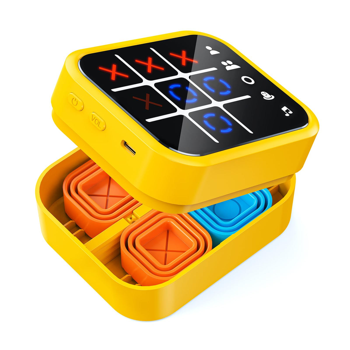 Focfundier 5-in-1 gamebox displays tic-tac-toe play on screen for family fun
