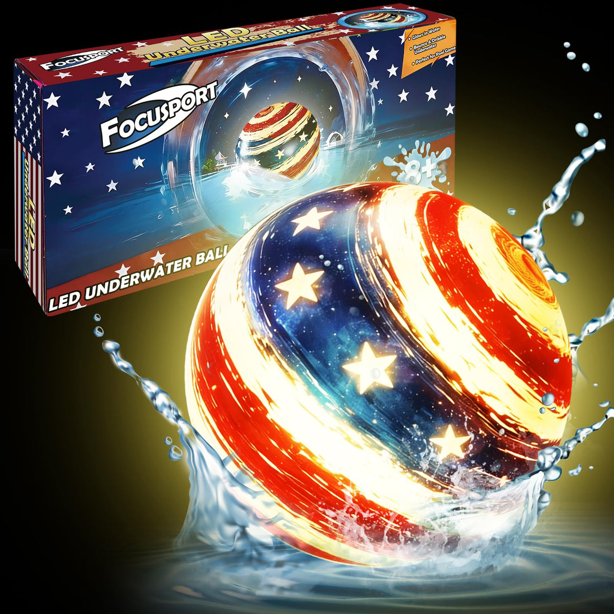 Focusport LED underwater pool ball glows on impact for night pool fun
