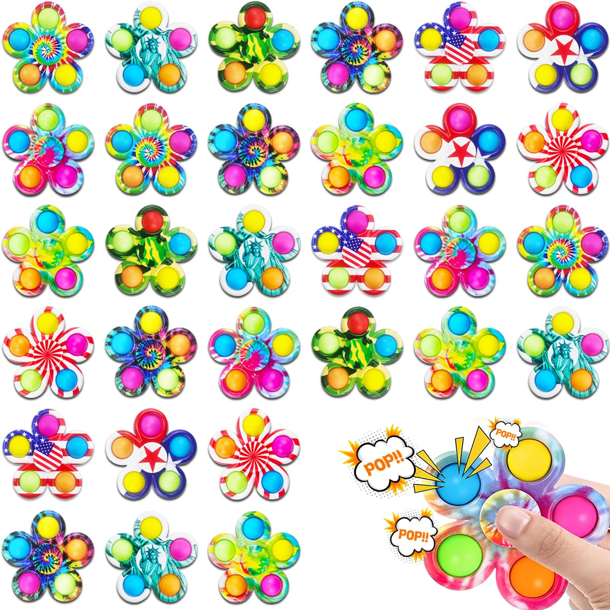 fodyne 30pcs pop it fidget spinner set, front view, ideal for classroom prizes