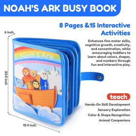 FoenixArte Noah’s Ark Busy Book fastened-buttons page builds fine motor skills.