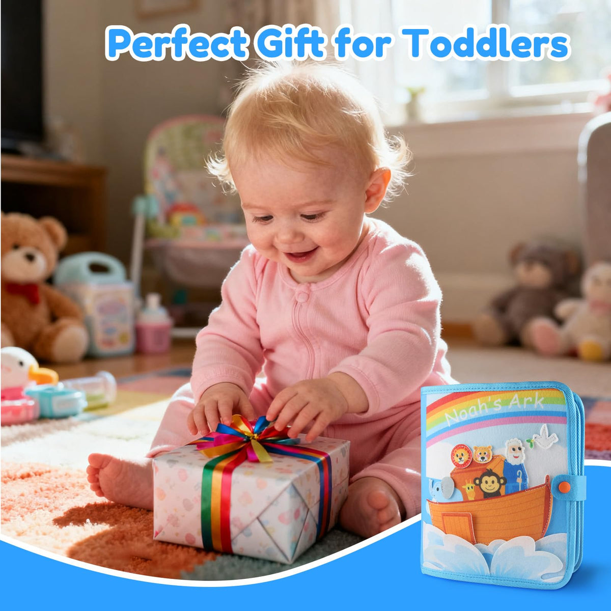 FoenixArte Noah’s Ark Busy Book pulling tabs supports hand-eye coordination during play.