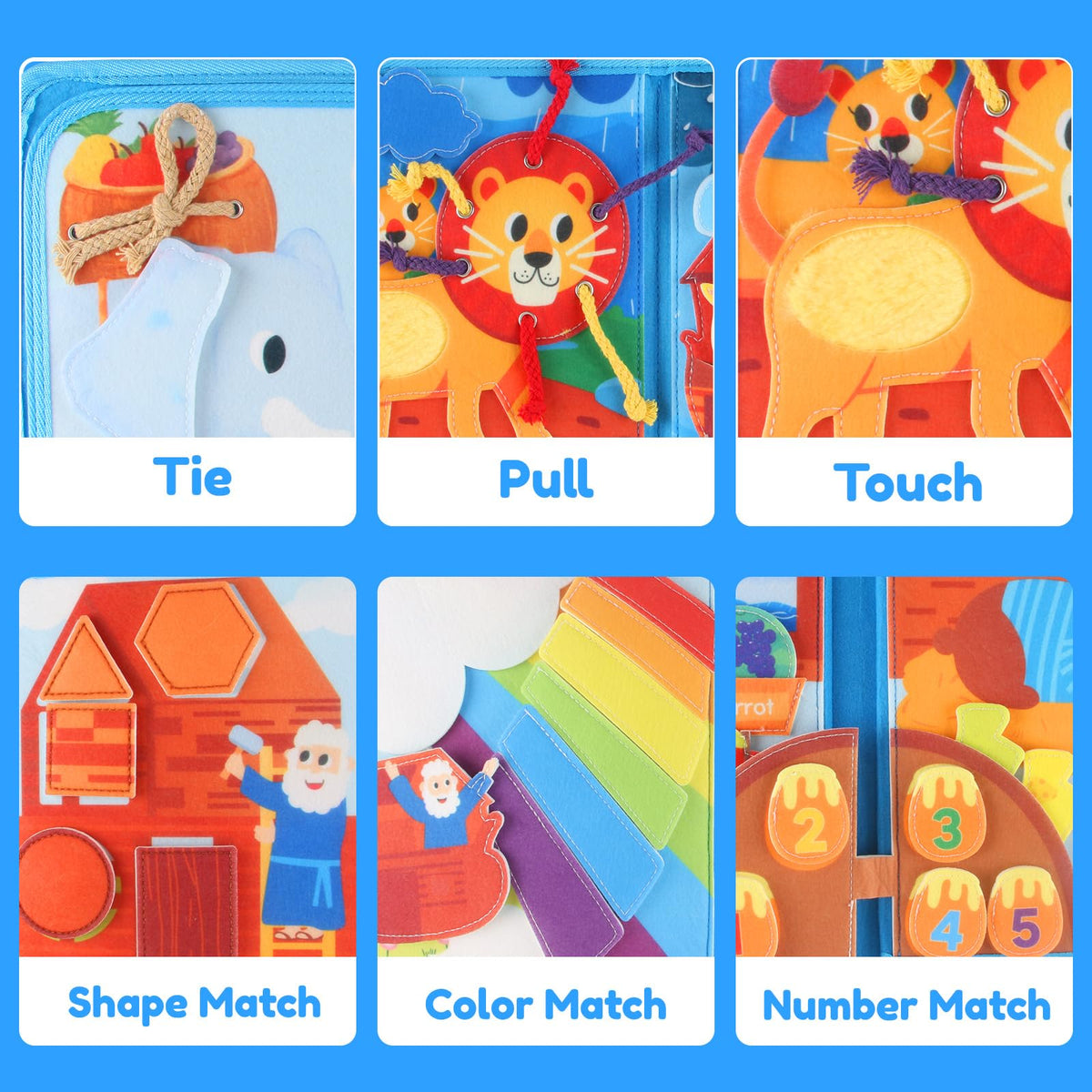 FoenixArte Noah’s Ark Busy Book sticking activities foster finger precision and creativity.