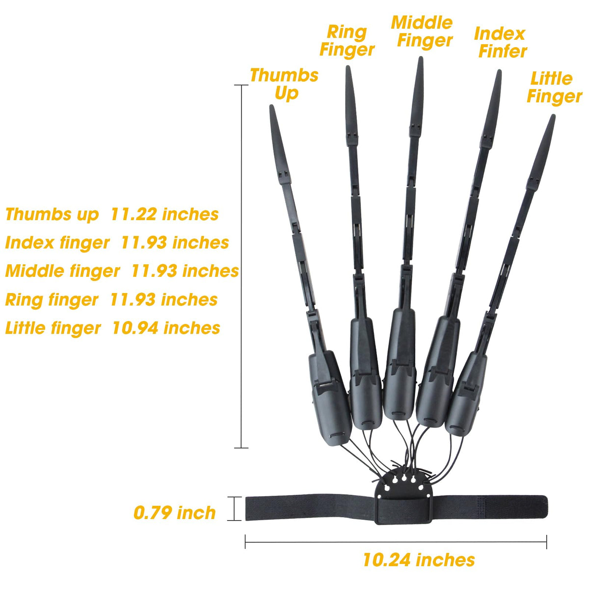 Foggizo finger layout: middle fingers identical, pinky thinner, thumb thicker.