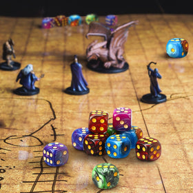 Foilswirl acrylic dice with smooth surface for durable, repeatable rolls.