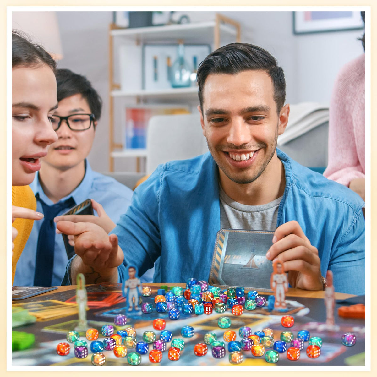 Foilswirl color dice in red, green, sky blue, and navy for learning.