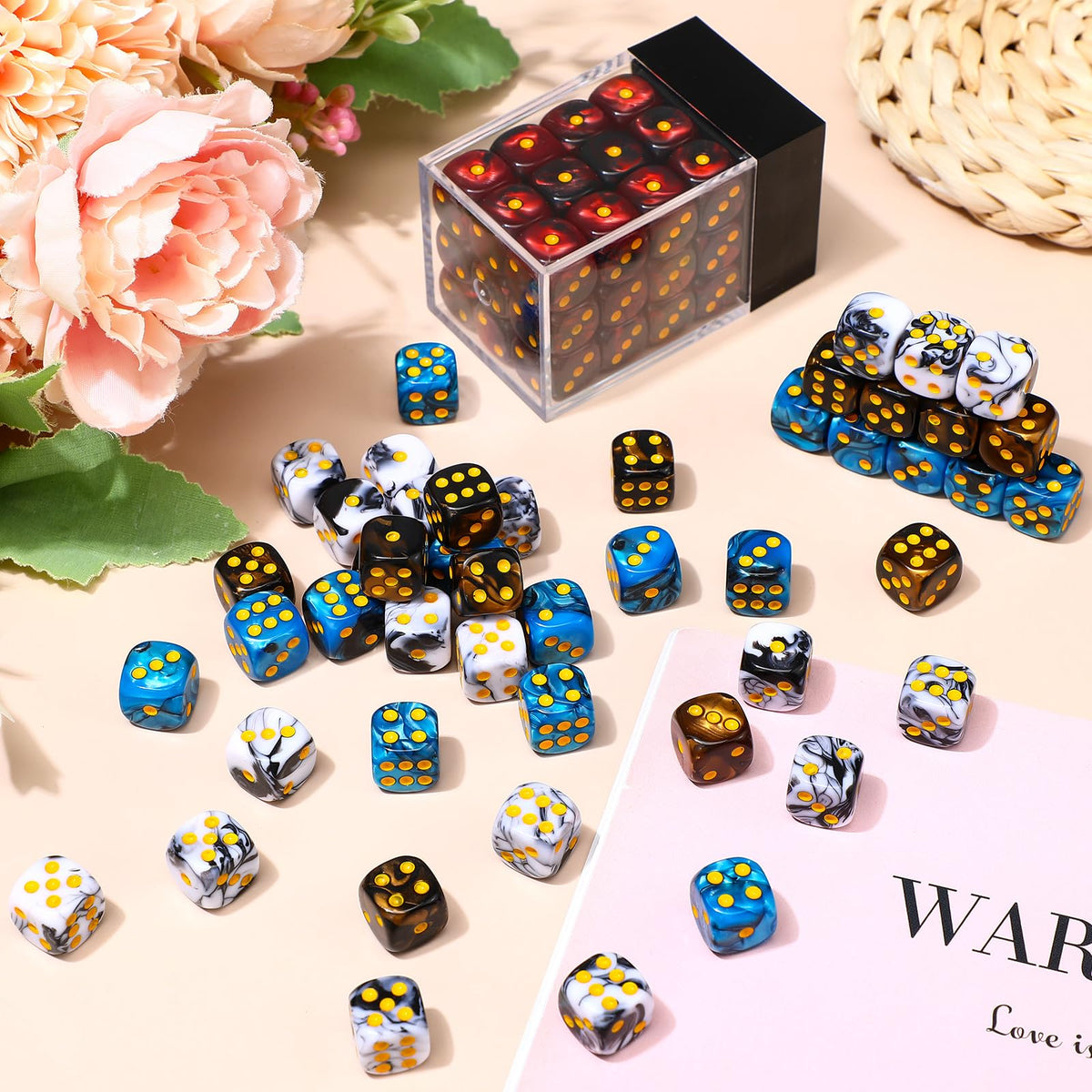 Foilswirl four-color dice in play for classroom and family learning activities