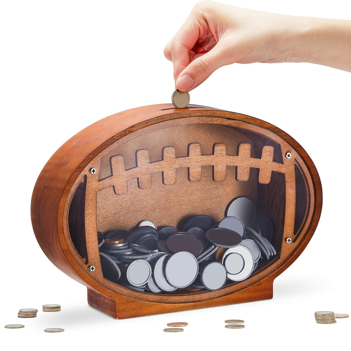 Foilswirl football piggy bank front view with transparent window for easy saving tracking