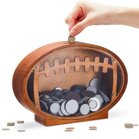 Foilswirl football piggy bank front view with transparent window for easy saving tracking