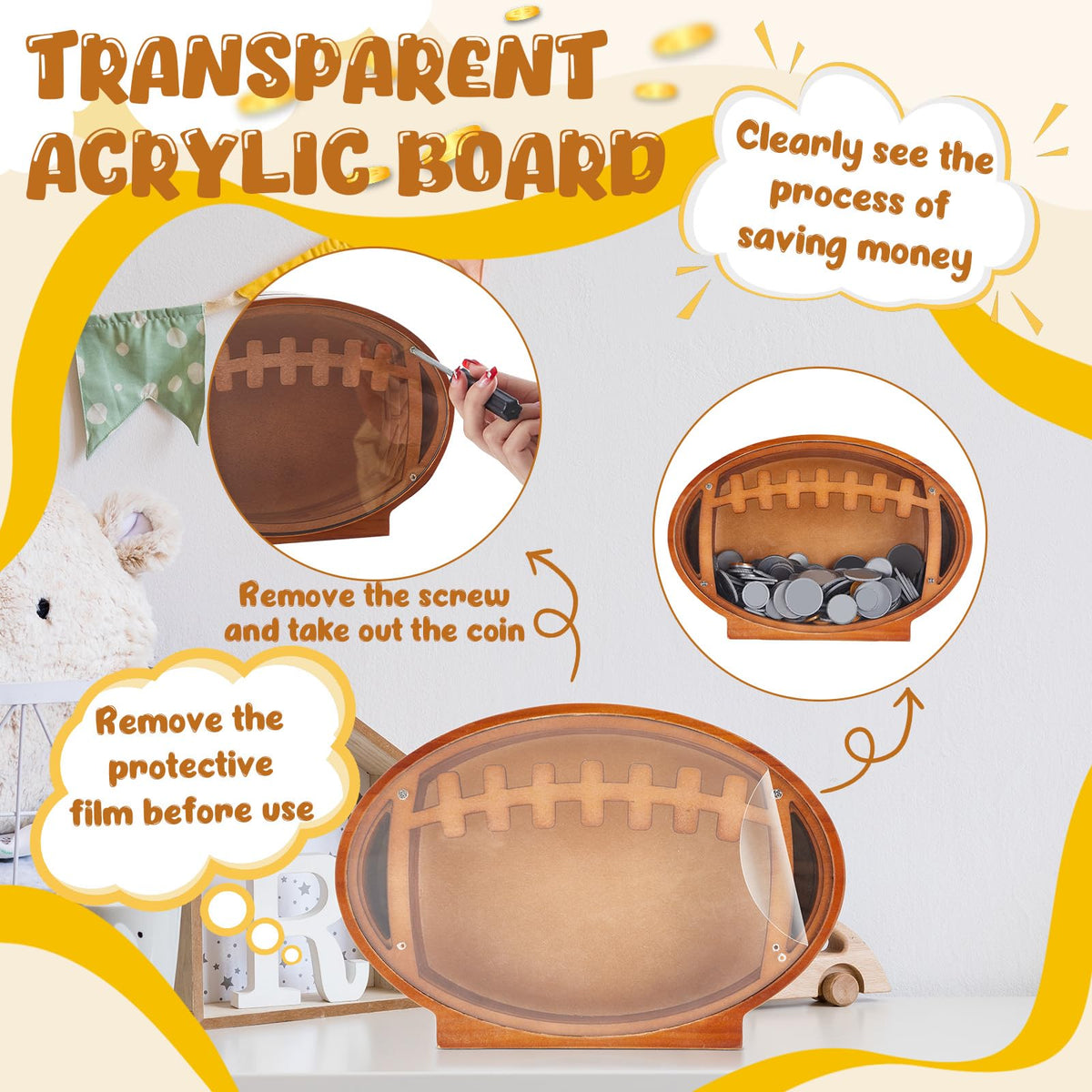 Foilswirl football piggy bank transparent window showcases savings progress