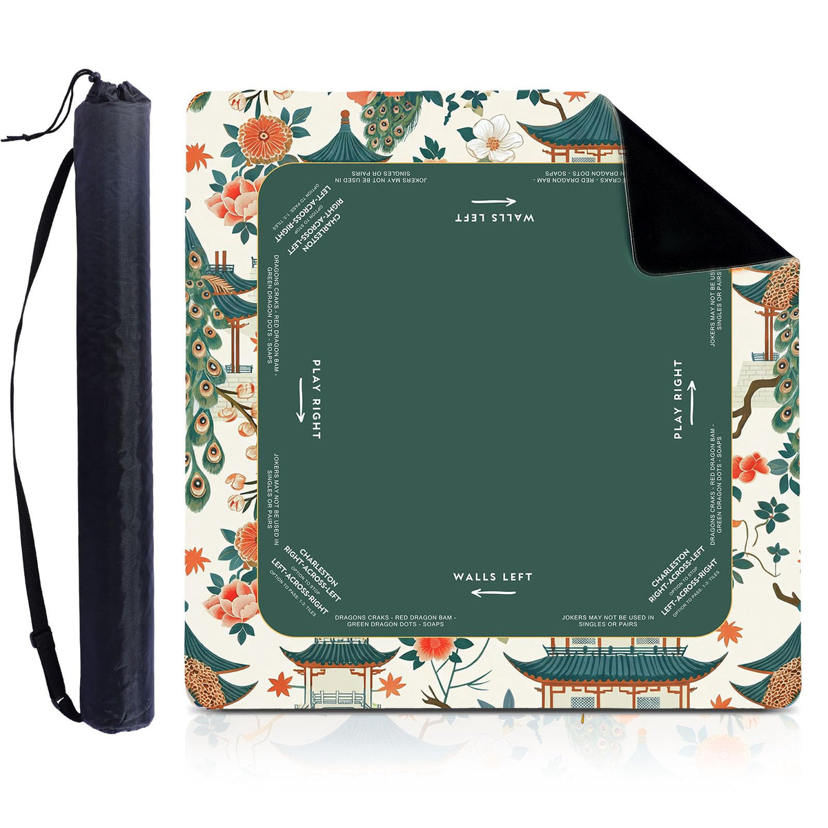 Foilswirl Mahjong mat with floral peacock design in green, 33x33 inches for stylish gaming.