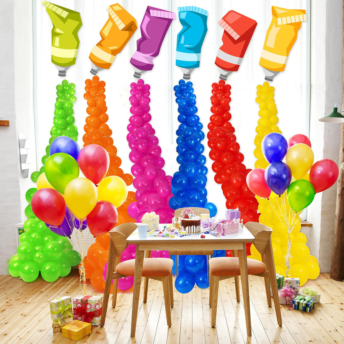 Foilswirl paint-tube balloons assembly backdrop shows DIY display setup