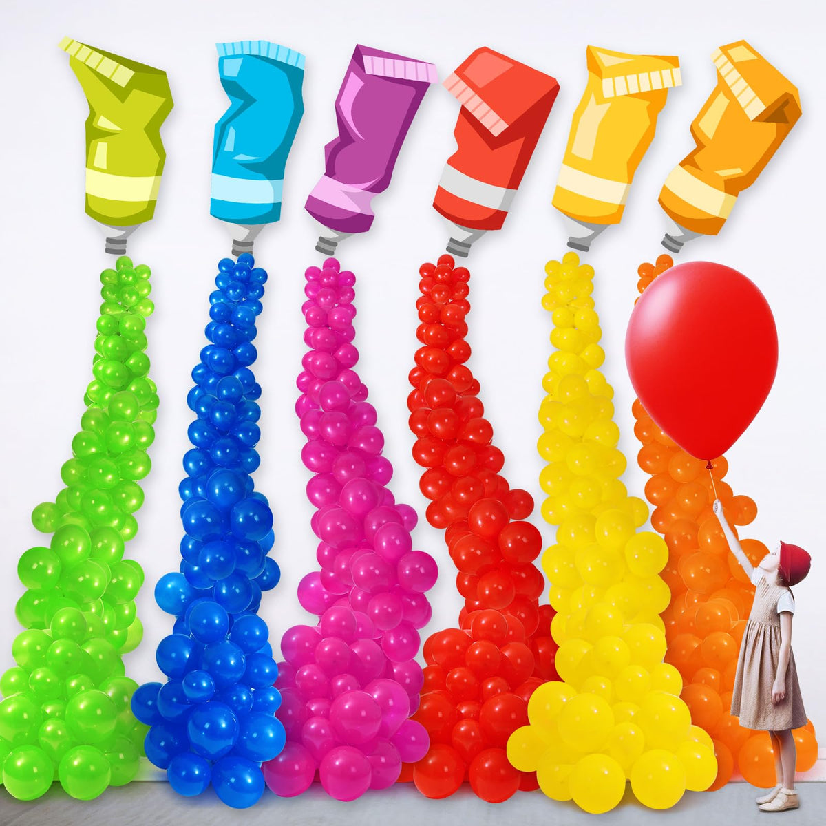 Foilswirl orange paint-tube balloons provide eye-catching accents for crafts