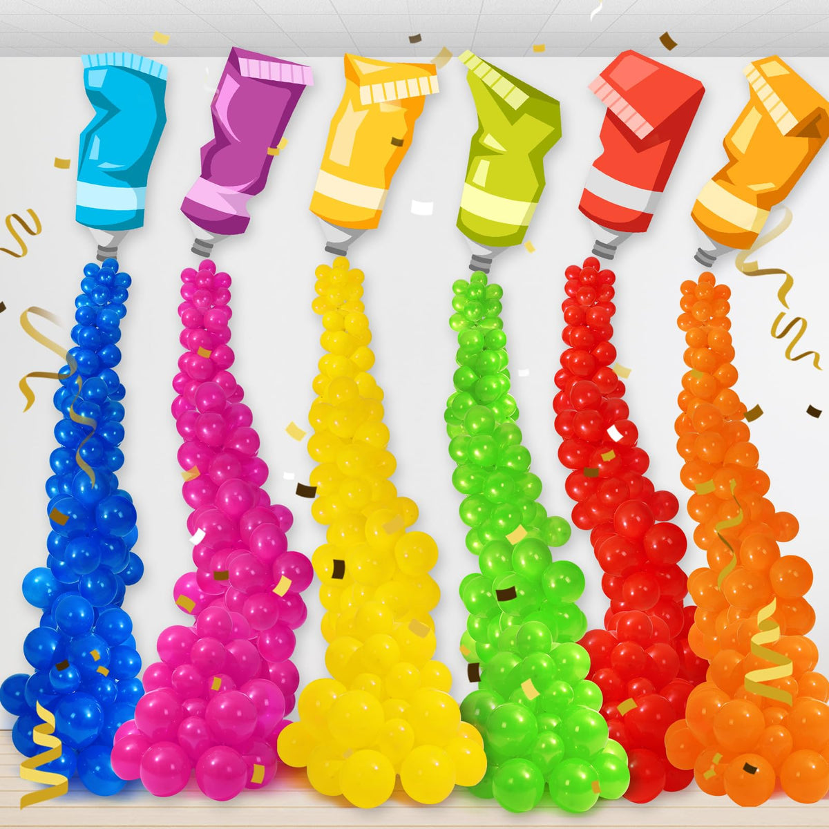 Foilswirl yellow paint-tube balloons brighten birthdays and school events