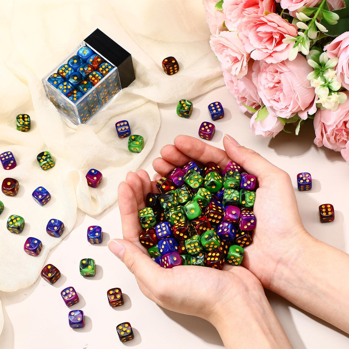 Foilswirl retro-color dice set adds visual appeal to game nights.