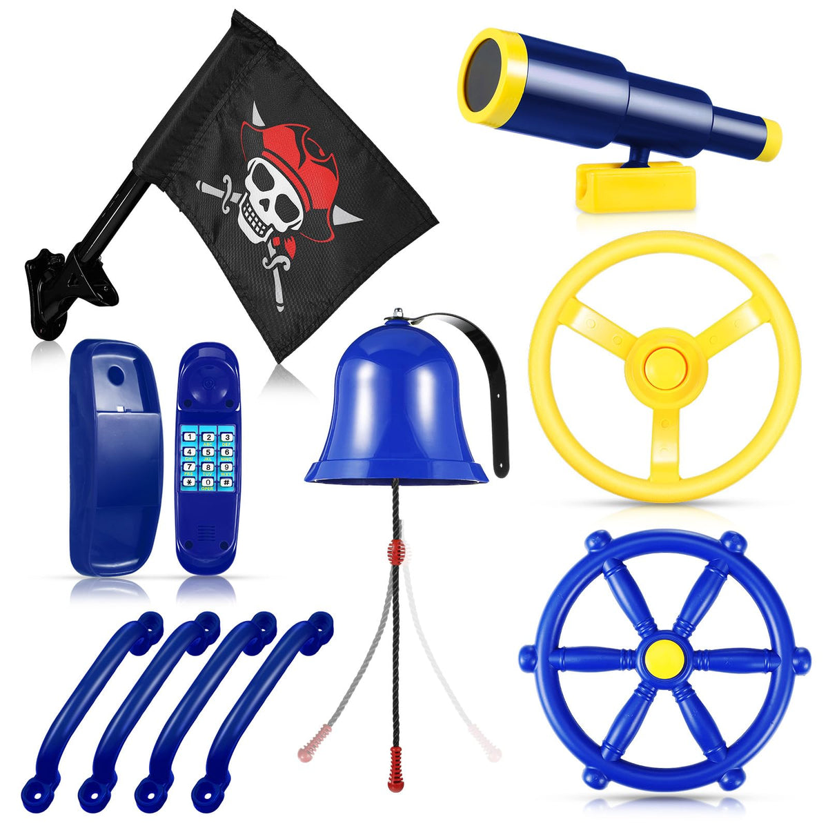 Foilswirl telephone toy on blue yellow swing set sparks pretend conversations outdoors