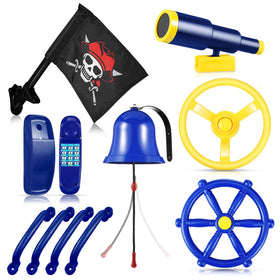Foilswirl telephone toy on blue yellow swing set sparks pretend conversations outdoors