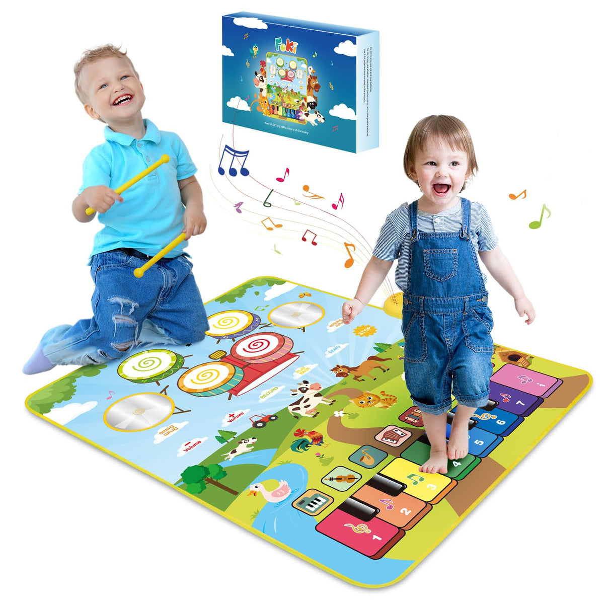Foki Piano Mats farm-themed play area invites two kids to explore music.