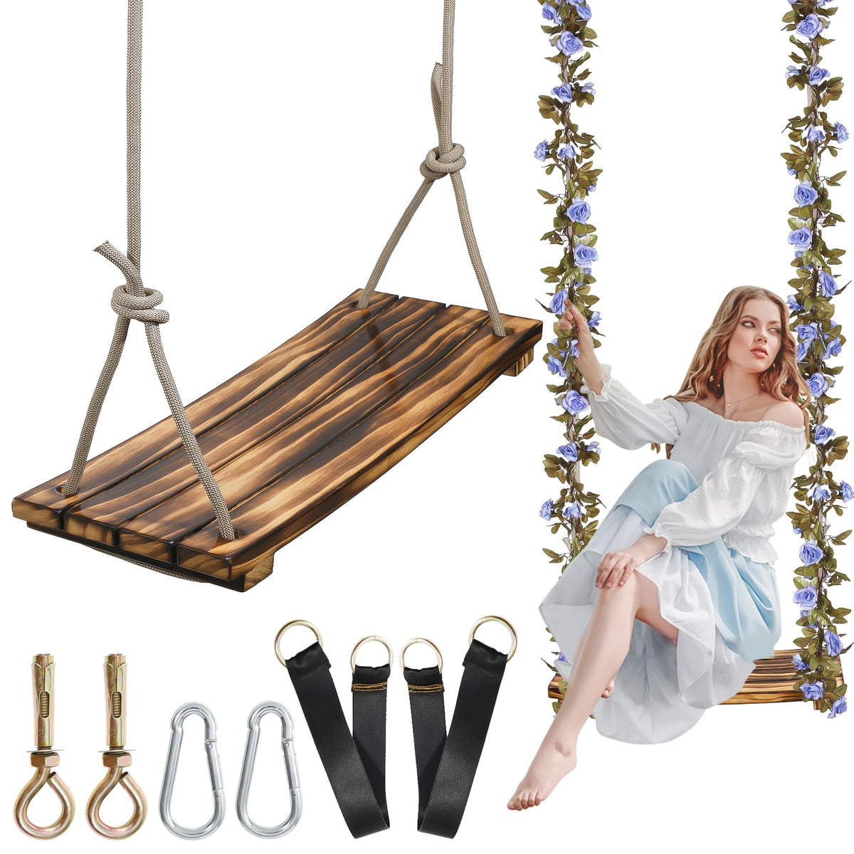 FOKOL 2026 upgraded large wooden swing seat close-up showing wood grain for cozy backyard relaxation