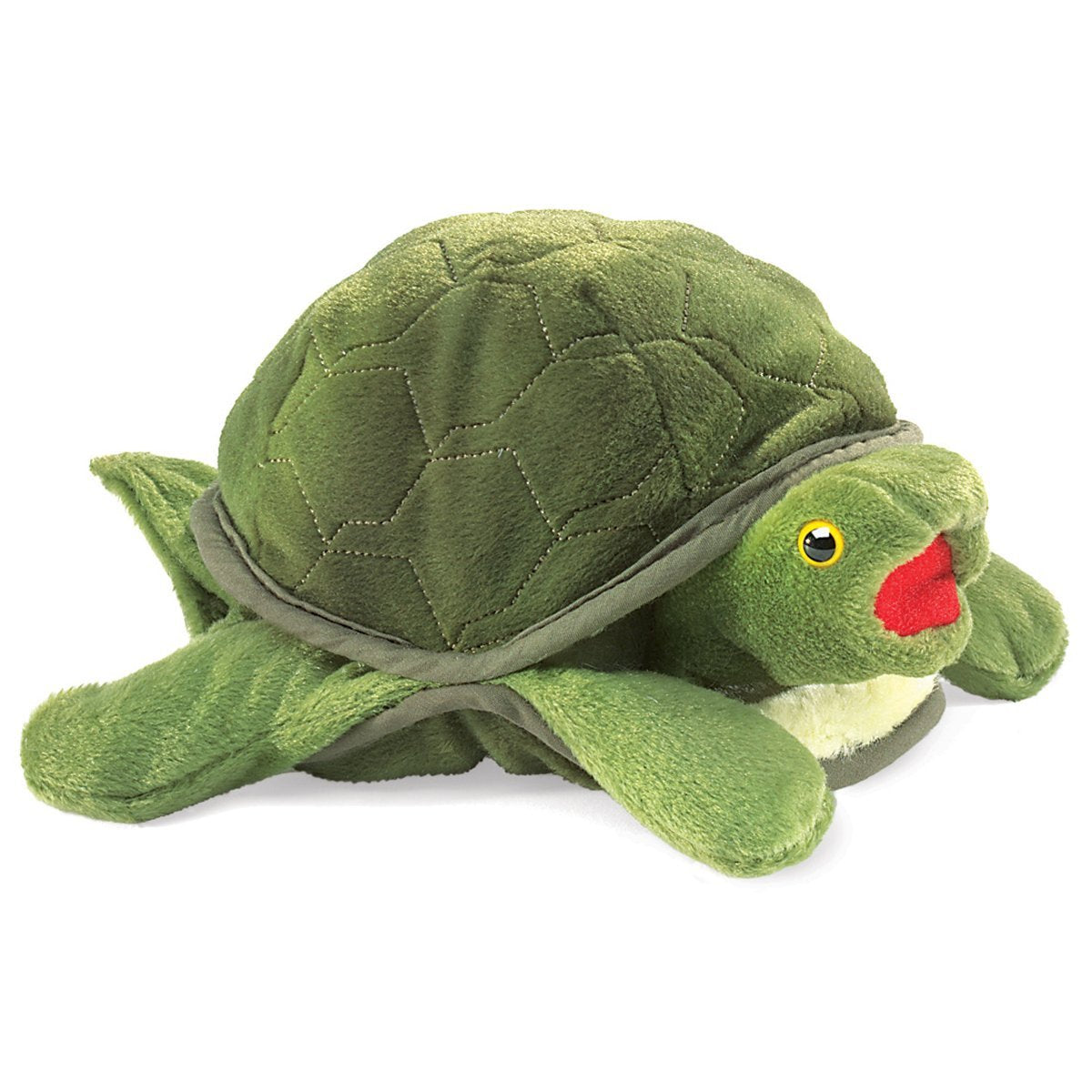 Folkmanis Baby Turtle puppet front view—bright green plush ideal for storytelling.