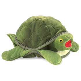 Folkmanis Baby Turtle puppet front view—bright green plush ideal for storytelling.