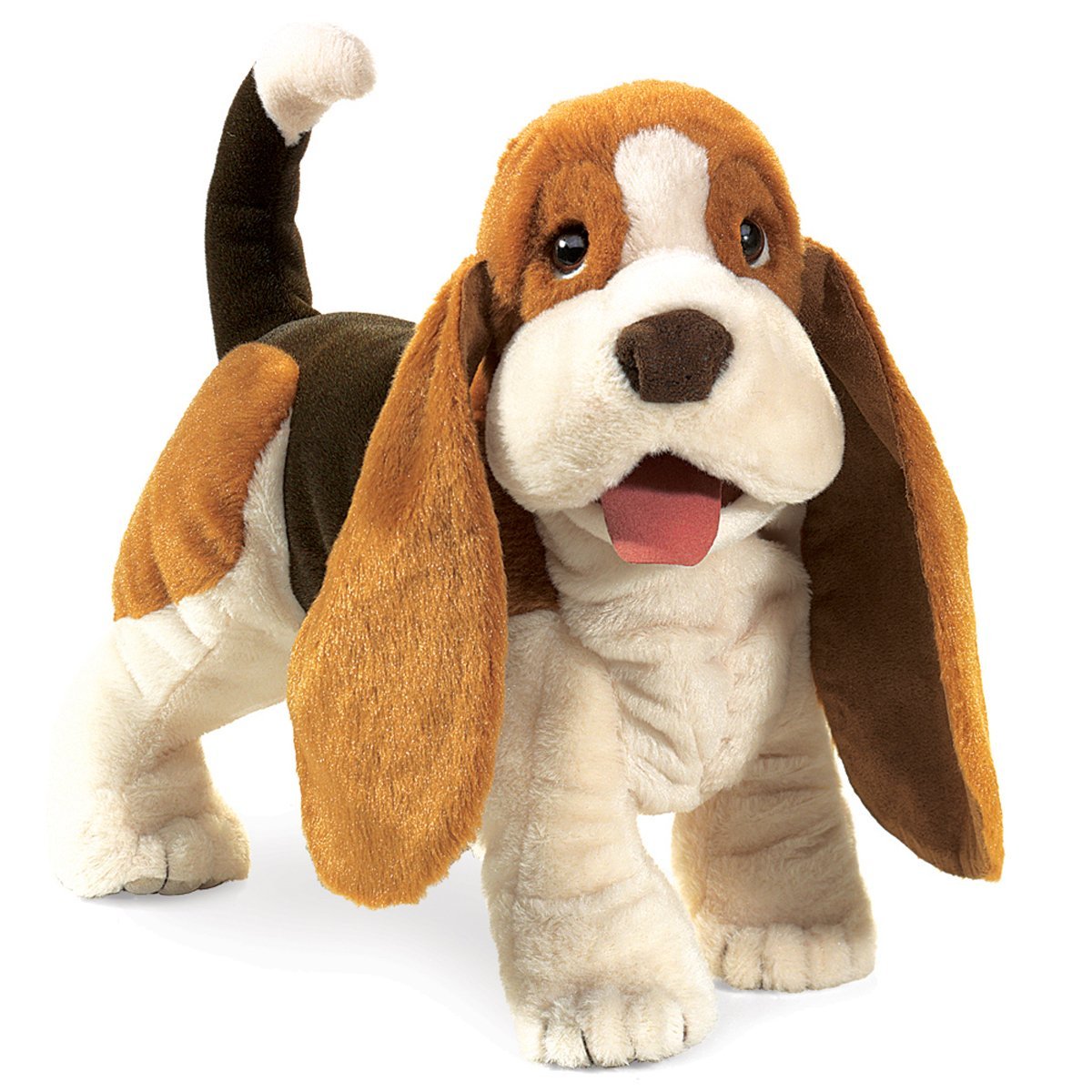 Folkmanis Basset Hound hand puppet face close-up for expressive storytelling.