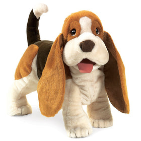 Folkmanis Basset Hound hand puppet face close-up for expressive storytelling.