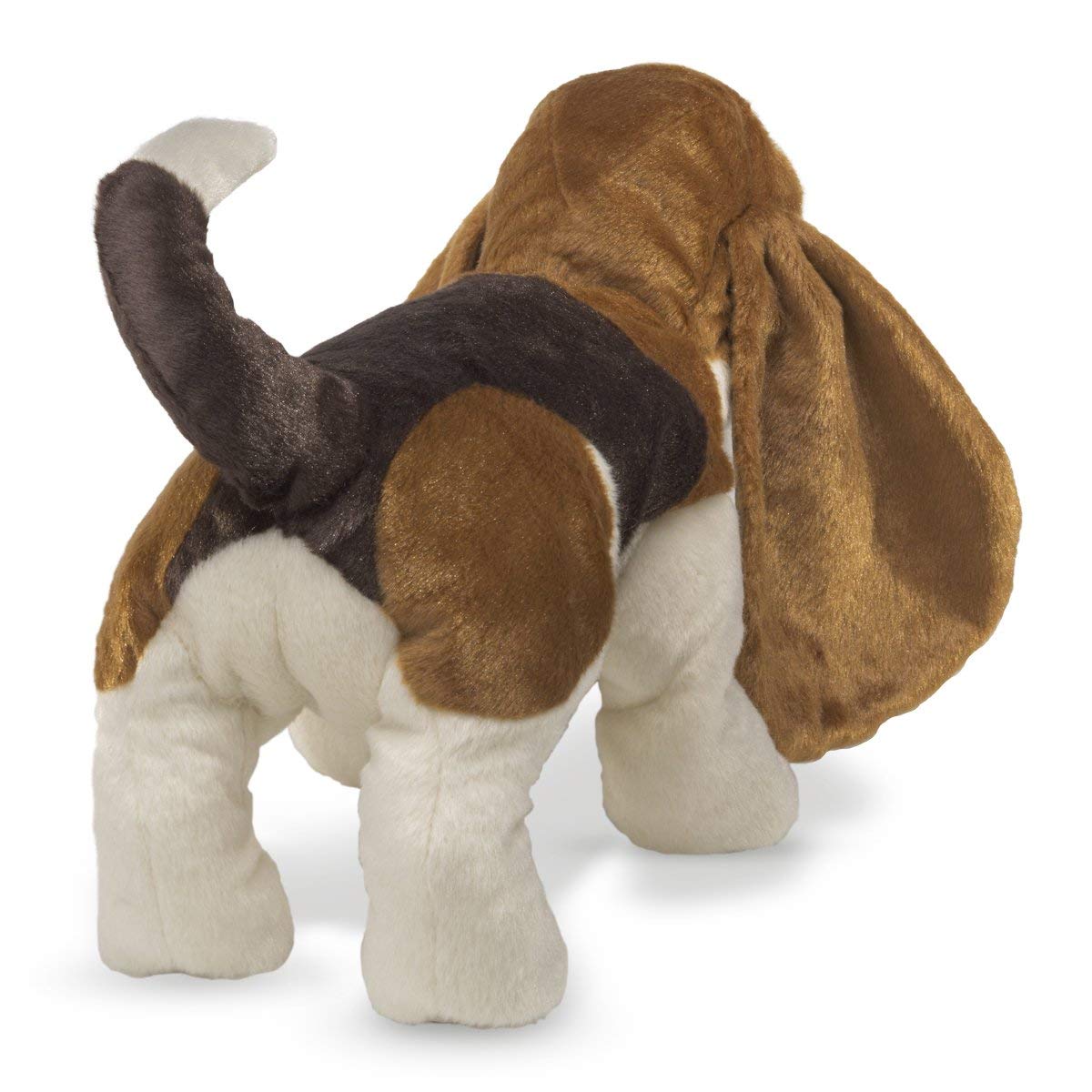 Stage-ready setup featuring Folkmanis Basset Hound puppet for storytelling.