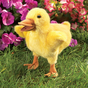 Folkmanis Duckling Hand Puppet yellow, side view with wings extended for theater