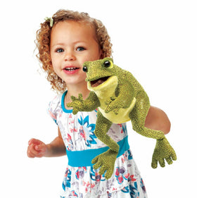 Folkmanis Funny Frog Puppet mouth move demonstrates dynamic dialogue during puppet shows